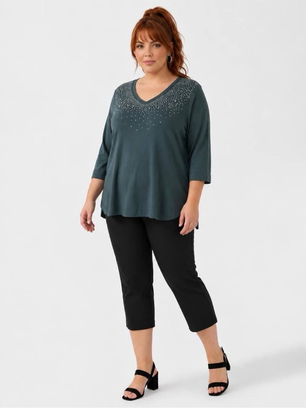 Catherines Cotton V-Neck in Slate Rhinestone Pattern Yoke  Size 2X Petite
